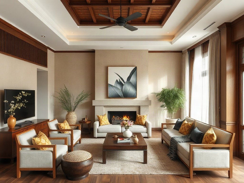 Phòng khách truyền thống Việt Nam với trang trí gỗ