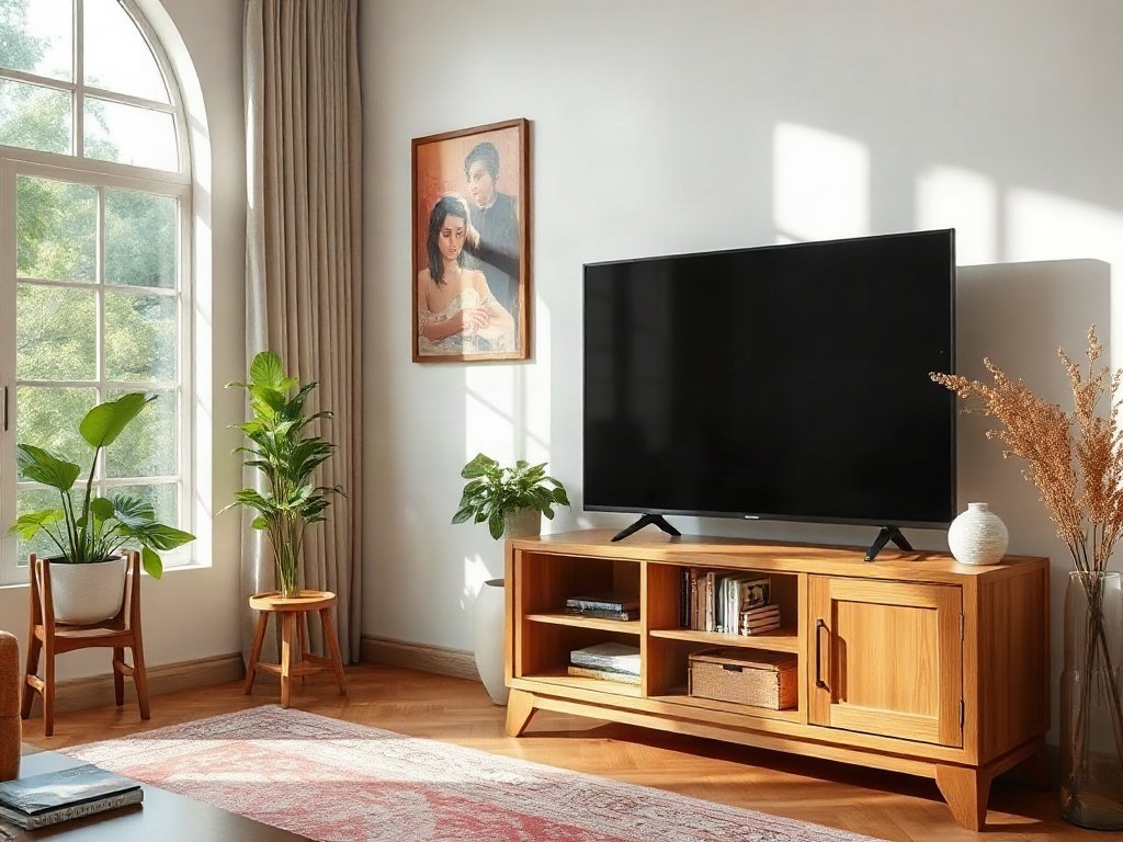 Trang trí truyền thống Việt Nam với kệ tivi gỗ hiện đại
