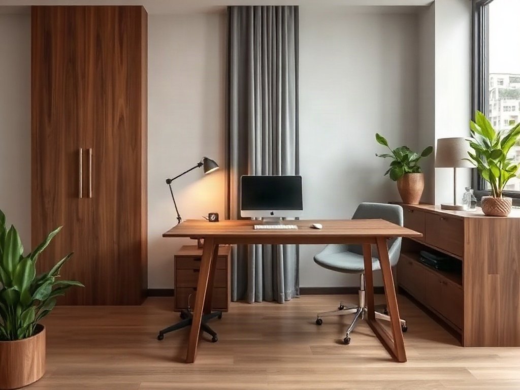 Thiết kế văn phòng tinh tế với bàn làm việc gỗ tiện nghi ở nhà Việt Nam