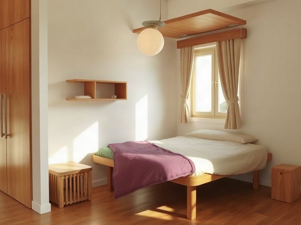 Phòng phong cách Việt Nam với giường gỗ xếp chức năng
