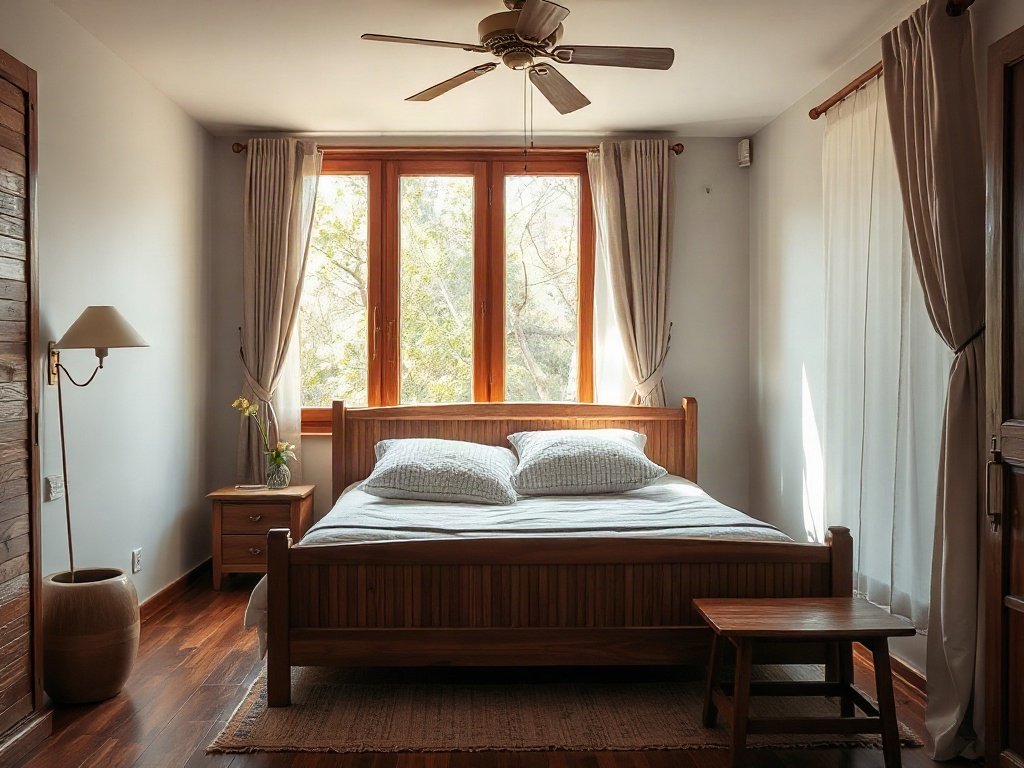 Phòng ngủ Việt Nam với đầu giường gỗ, không khí ấm cúng và ánh sáng tự nhiên