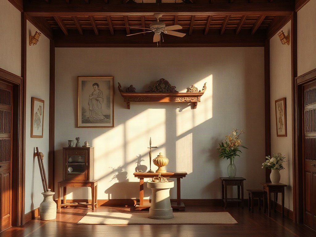 Phòng phong cách Việt Nam với tủ thờ gỗ và ánh sáng tự nhiên, mô tả chân thực