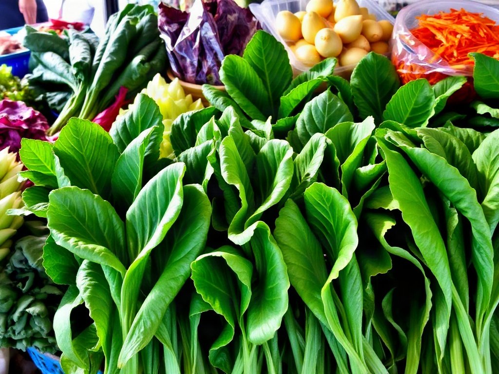 Hàng rau xanh tại sạp chợ Việt Nam với màu sắc tự nhiên sống động
