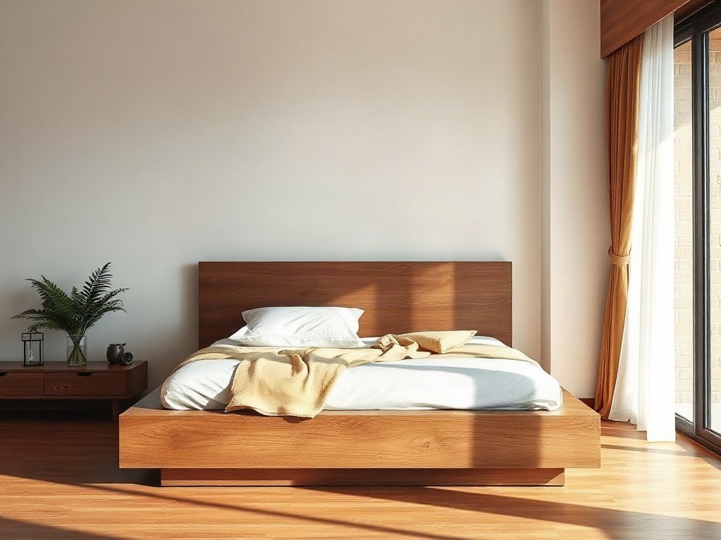 Giường gỗ thanh thoát trong căn hộ hiện đại Việt Nam, ánh sáng tự nhiên