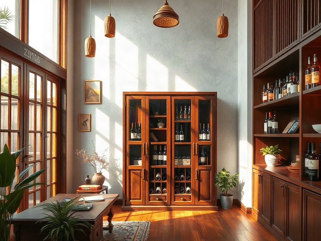 Nội thất nghệ thuật Việt tập trung vào tủ rượu gỗ dưới ánh sáng tự nhiên