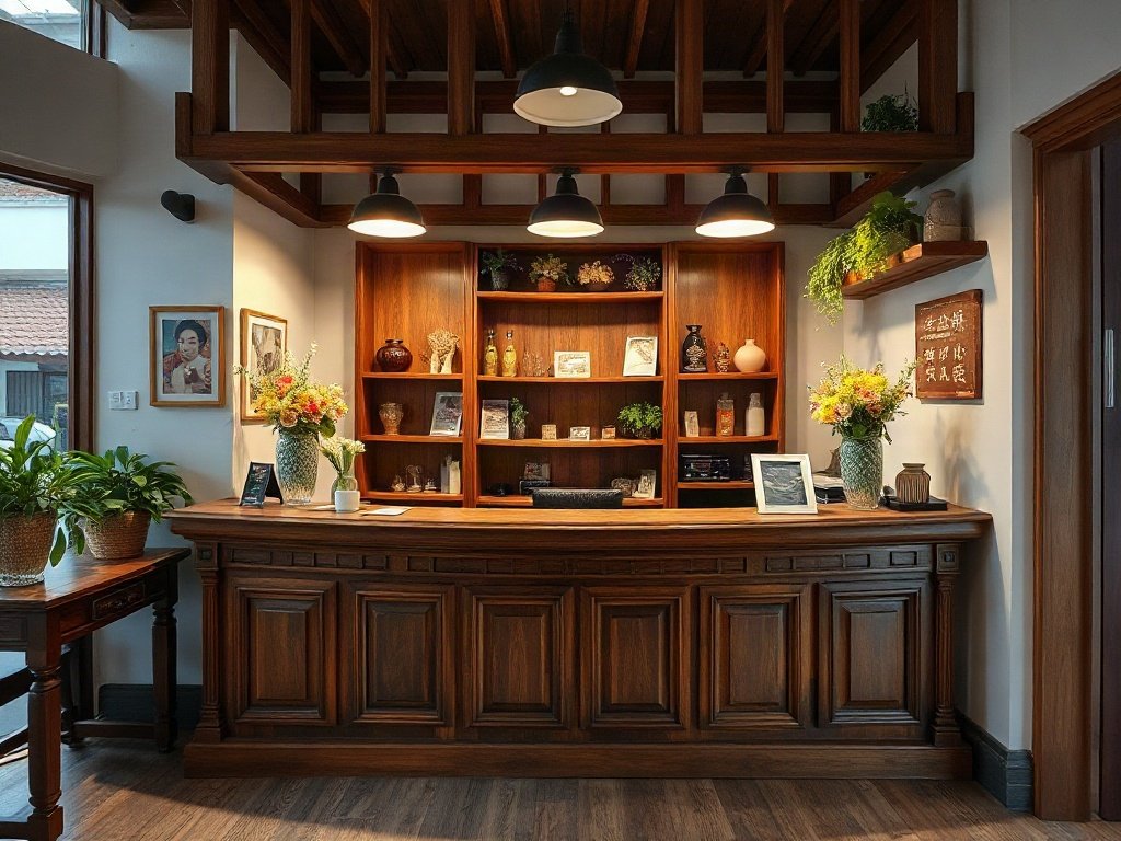 Quầy tiếp tân gỗ trong không gian làm việc nhỏ