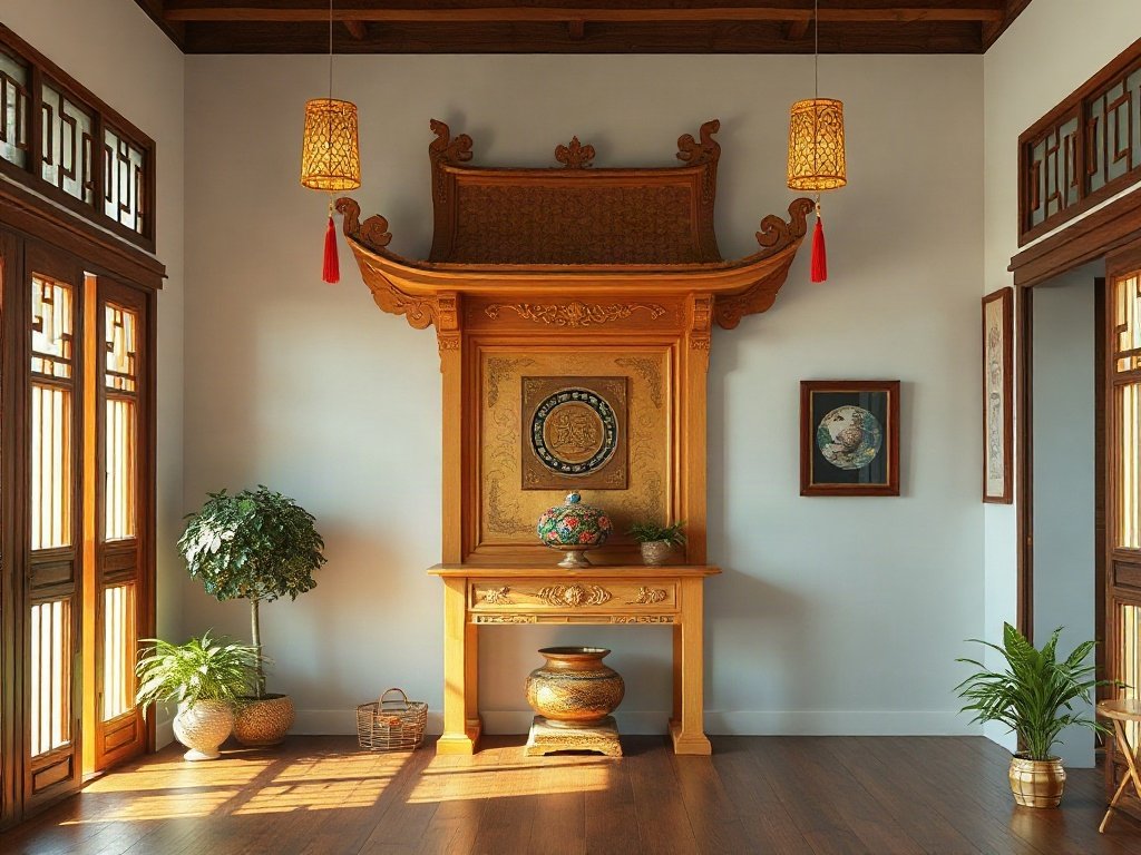 Nội thất nhà Việt Nam với bàn thờ gỗ sáng rực
