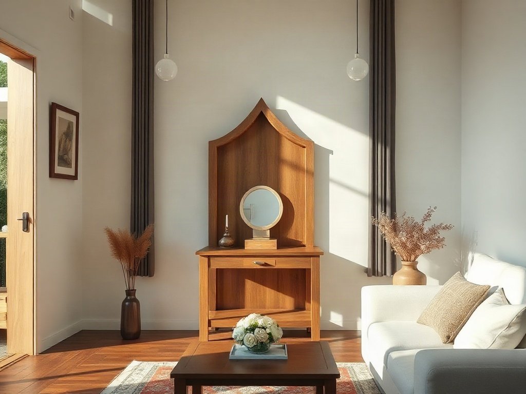 Bàn thờ gỗ tối giản trong không gian sống ấm cúng Việt Nam ánh sáng tự nhiên