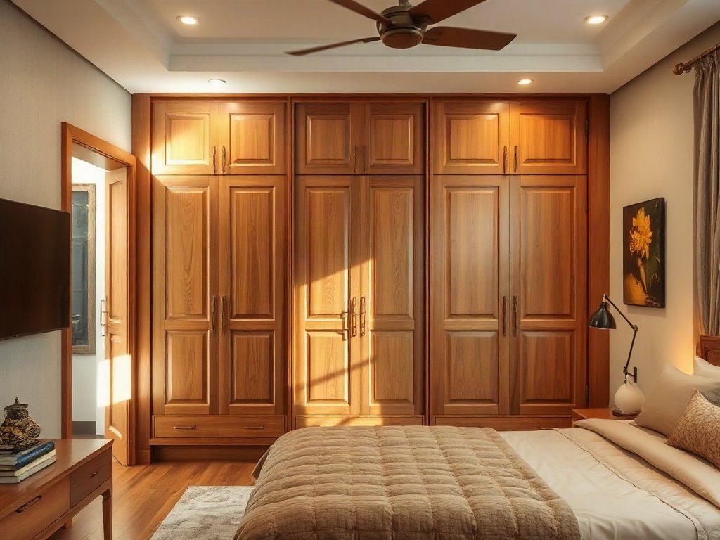 Phòng ngủ Việt Nam với tủ áo gỗ và ánh sáng ấm áp
