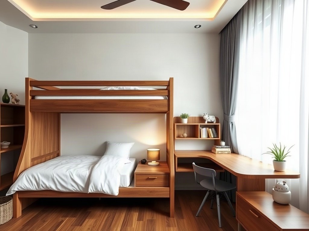 Phòng nội thất trẻ em Việt Nam với giường tầng gỗ sành điệu.