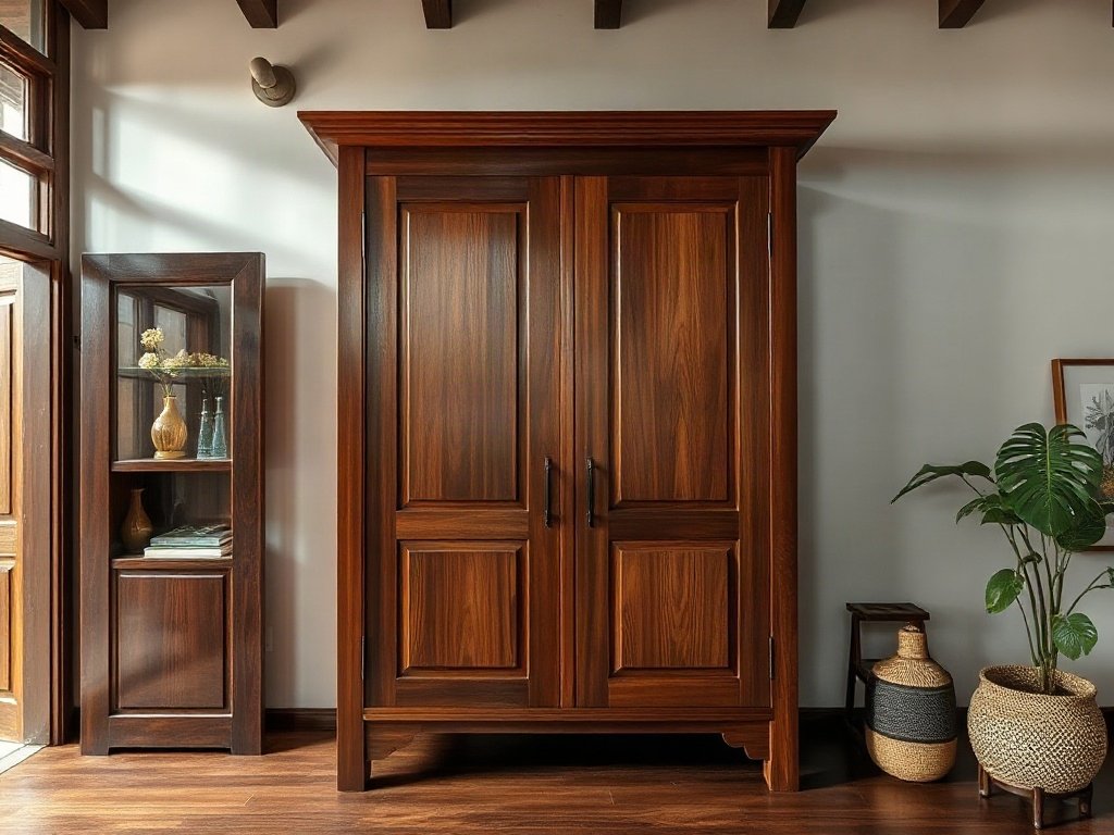 Ngôi nhà truyền thống Việt Nam với tủ gỗ thủ công dưới ánh sáng tự nhiên