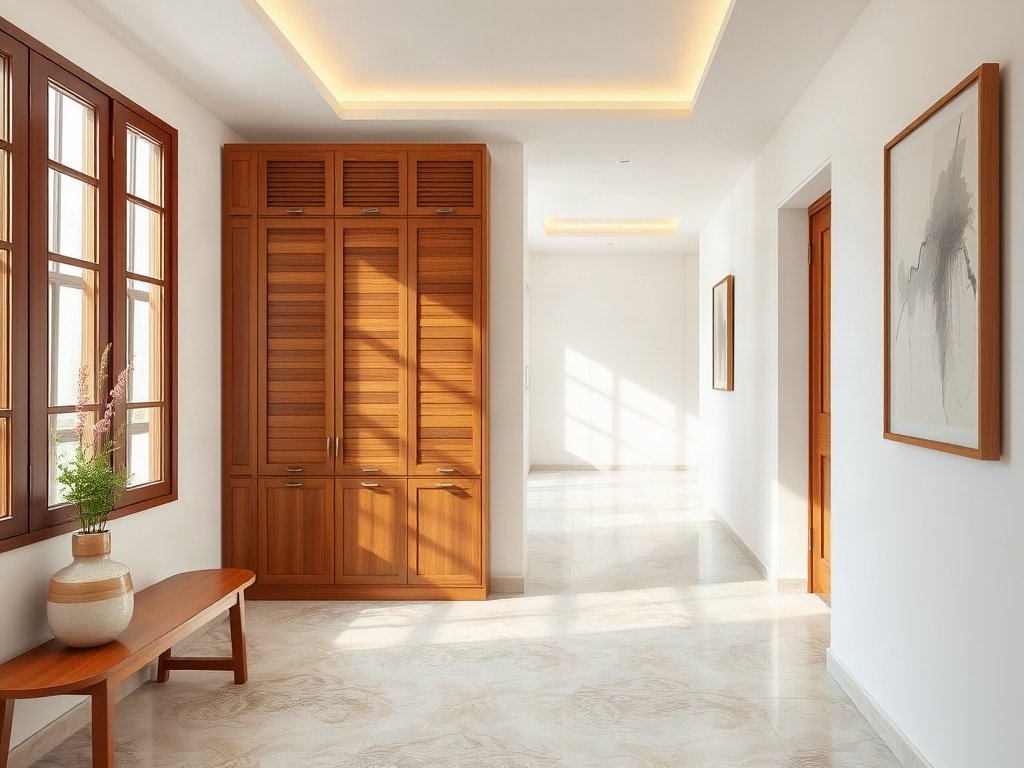 Hành lang rộng rãi với tủ gỗ tự nhiên phong cách Việt