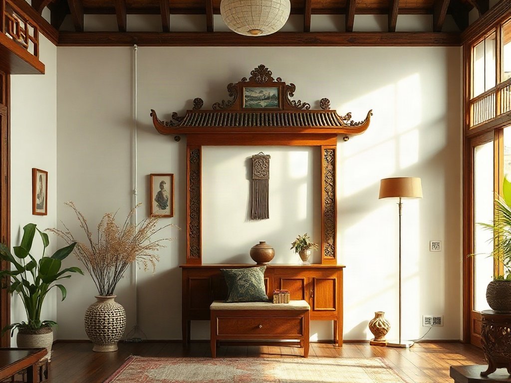 Nội thất nhà Việt với bàn thờ gỗ được chiếu sáng tự nhiên