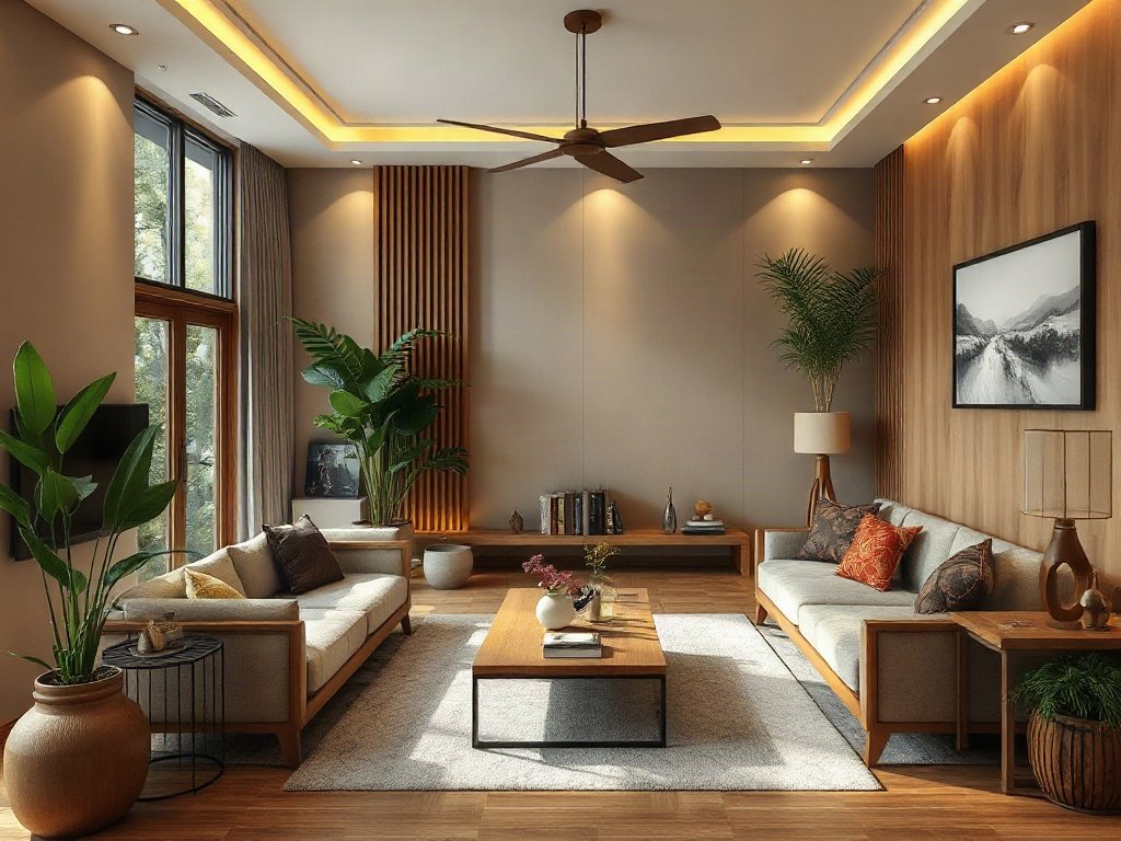 Phòng khách ấm áp và mời gọi ở Việt Nam với yếu tố gỗ
