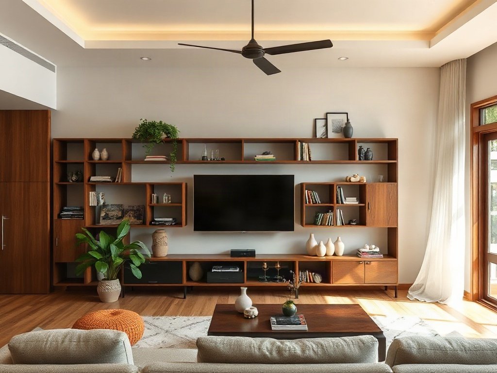 Phòng khách Việt Nam phong cách với kệ gỗ