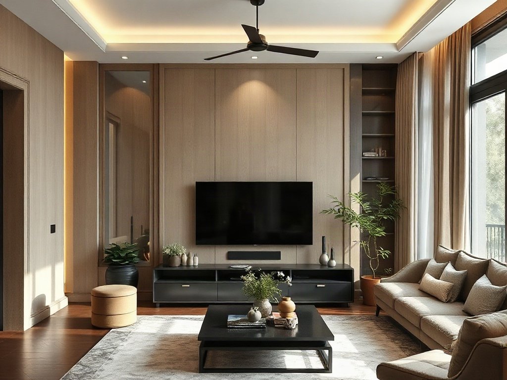 Nội thất sang trọng Việt Nam với kệ tivi phong cách, ánh sáng tự nhiên