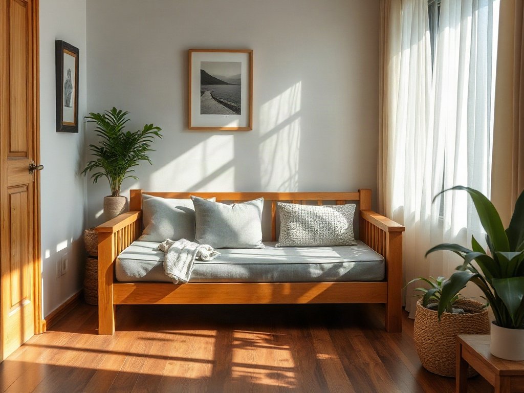 Không gian sống ấm cúng với sofa giường gỗ