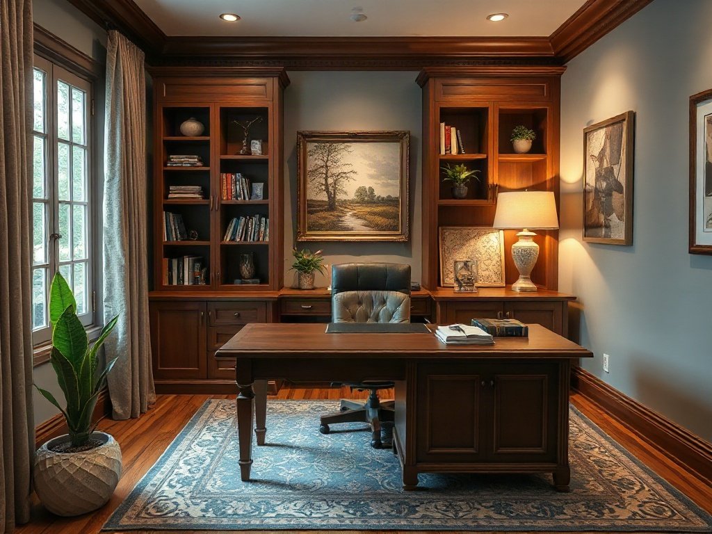Setup văn phòng hiện đại với bàn gỗ chắc chắn và trang trí truyền thống