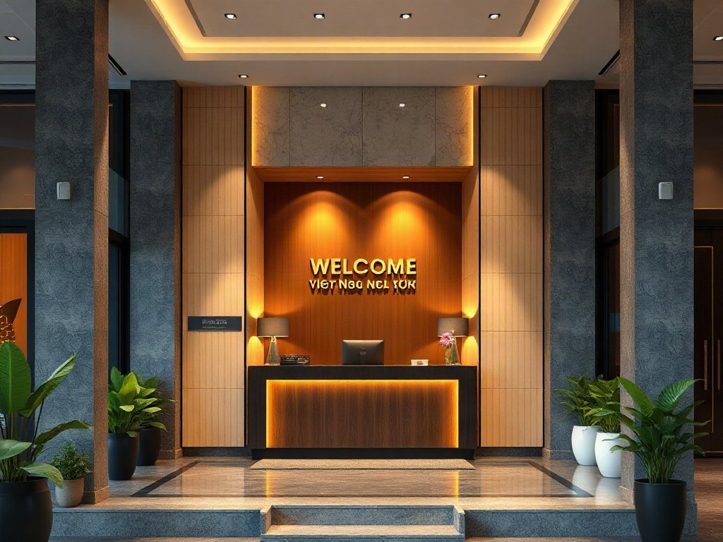 Cổng vào công ty Việt Nam với quầy lễ tân
