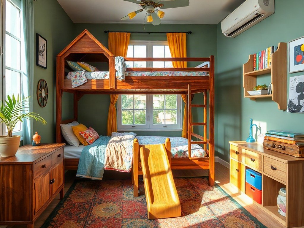 Phòng ngủ vui nhộn và đầy màu sắc cho trẻ với giường tầng gỗ và cầu trượt phong cách Việt