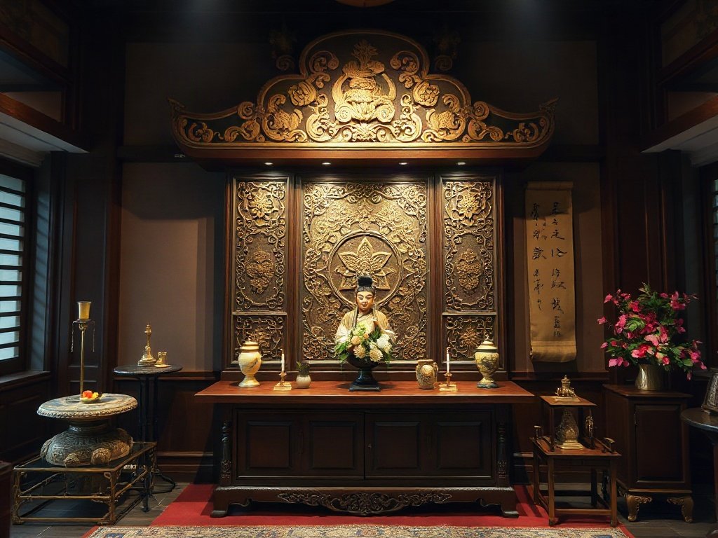 Hình ảnh chân thực của tủ thờ gia đình truyền thống Việt Nam, chi tiết tinh xảo