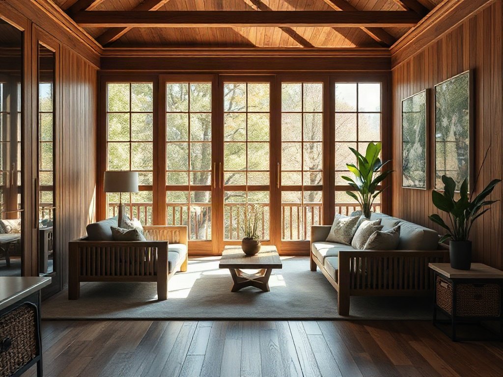 Khu vực ghế ngồi gỗ photorealistic thanh lịch, nội thất gỗ tự nhiên