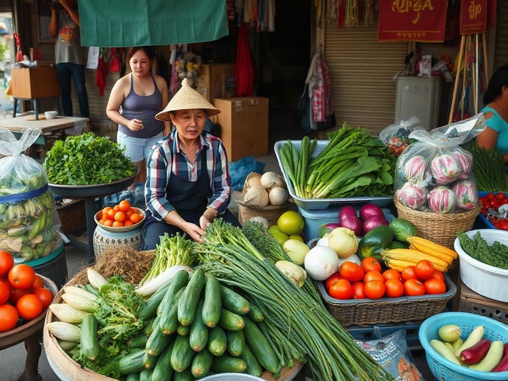 Cảnh bán hàng tại chợ đường phố Việt Nam đang sắp xếp rau tươi