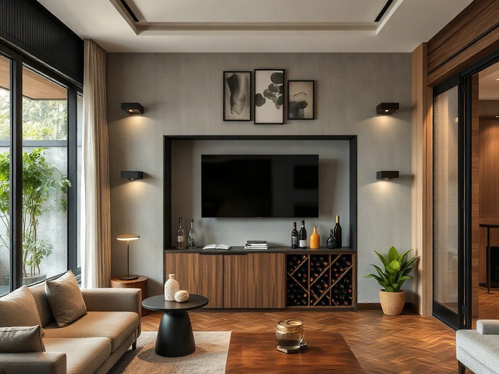 Phòng chờ tinh tế Việt Nam với tủ lưu trữ rượu bằng gỗ