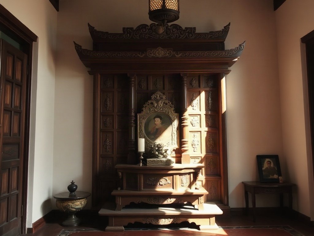 Bàn thờ gỗ truyền thống trong nội thất nhà Việt Nam được chiếu sáng bởi mặt trời