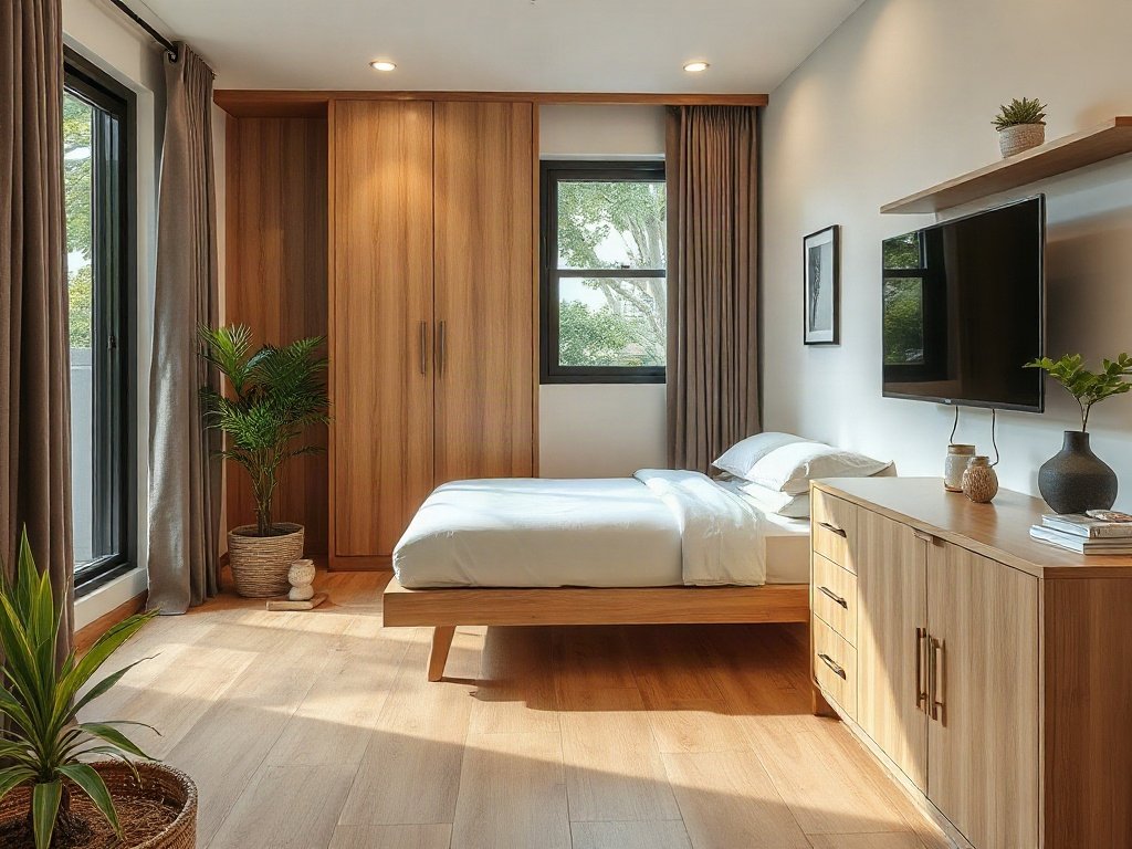 Studio Việt Nam nhỏ gọn với nội thất gỗ đa năng và giường xếp