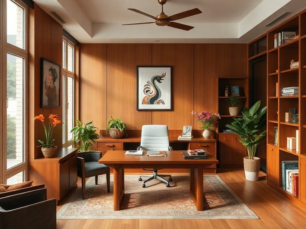 Nội thất văn phòng tại Việt Nam với bàn gỗ và trang trí văn hóa