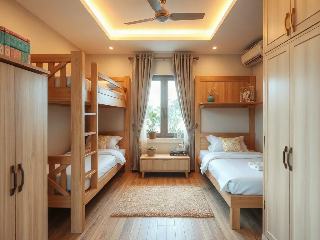 Phòng trẻ em phong cách Việt với giường tầng gỗ, ánh sáng ấm áp.