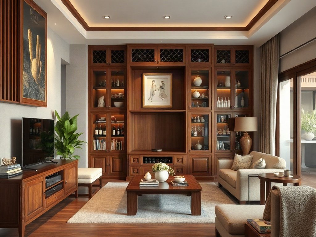 Phòng khách phong cách Việt Nam với tủ rượu