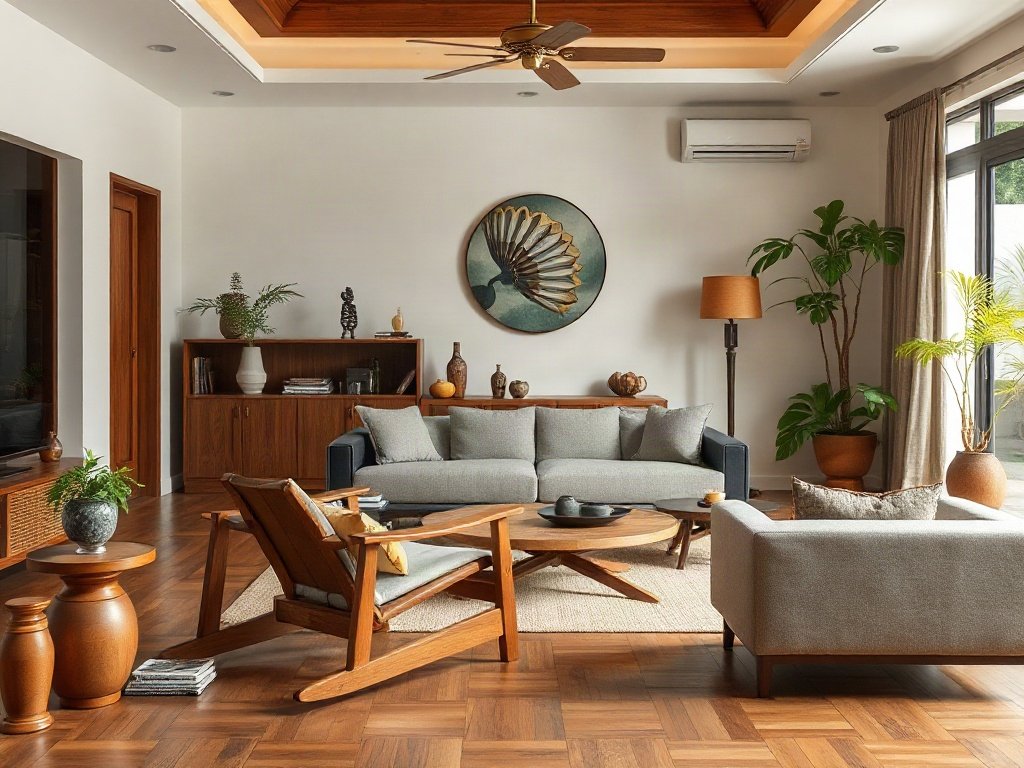 Phòng khách rộng rãi với ghế thư giãn hiện đại kiểu Việt Nam.