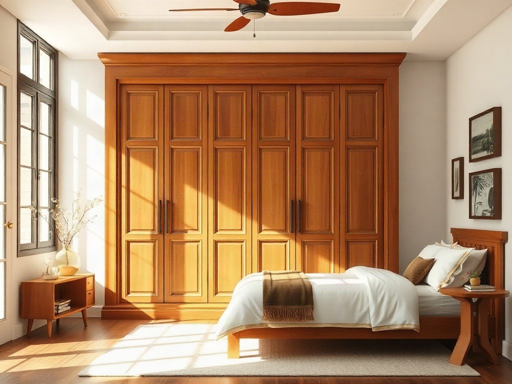 Phòng sáng với tủ quần áo gỗ lớn, phong cách Việt Nam