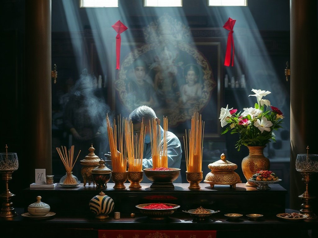 Bàn thờ Việt với nhang và lễ vật trong ánh sáng tự nhiên.
