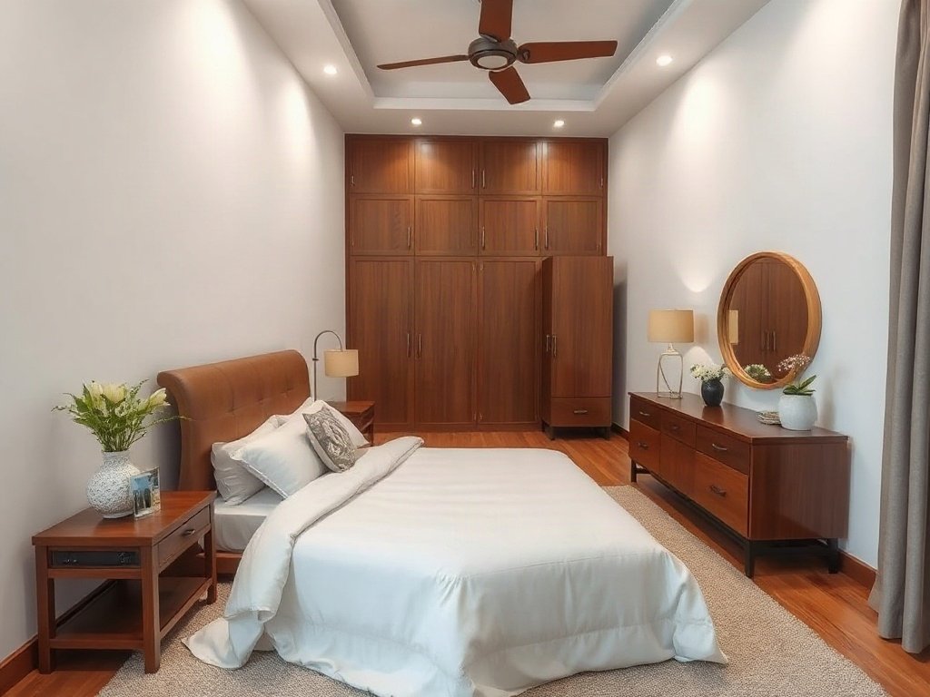 Phòng ngủ rộng rãi với nội thất gỗ giá rẻ phong cách Việt