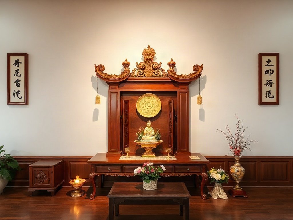 Bàn thờ gỗ bố trí hợp phong thủy trong bối cảnh Việt Nam