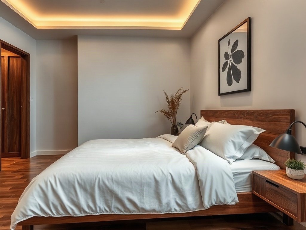 Phòng ngủ hiện đại với giường gỗ công nghiệp, thiết kế tối giản