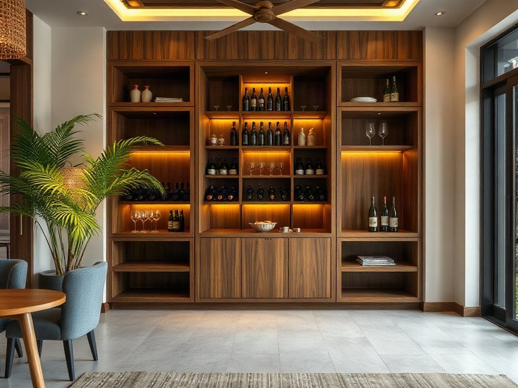 Kệ rượu gỗ hiện đại trong phòng khách rộng Việt Nam