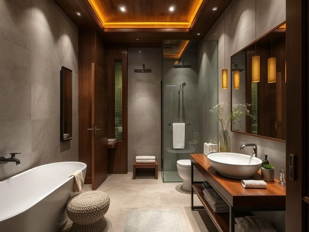 Phòng tắm xa hoa Việt Nam với chi tiết gỗ