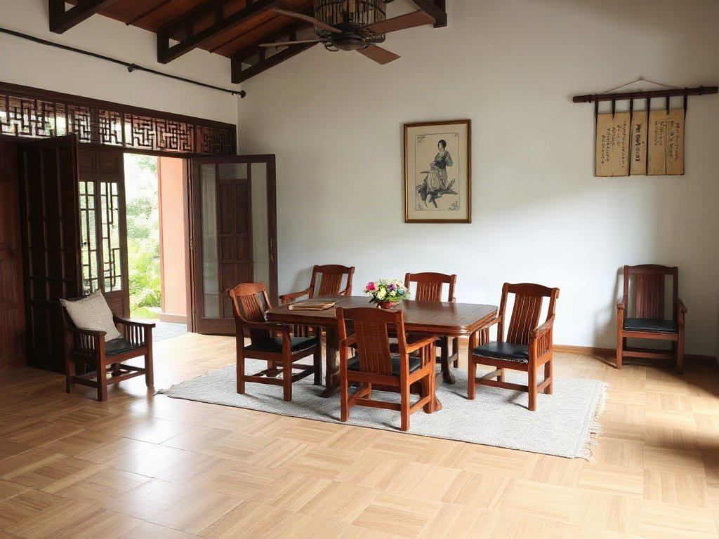 Nội thất Việt Nam truyền thống với ghế gỗ có thể gấp