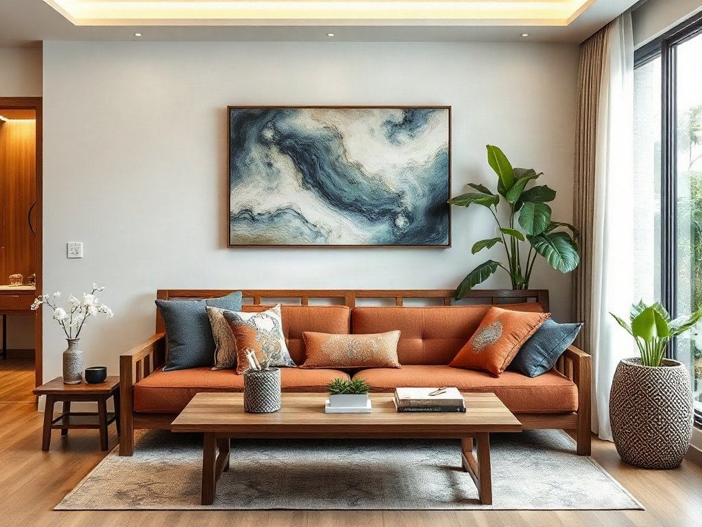 Khu vực phòng khách thanh lịch với ghế xếp gỗ