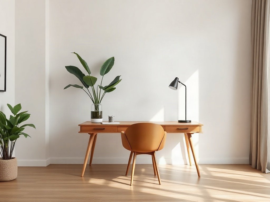 Bàn làm việc gỗ phong cách trong nội thất tối giản Việt Nam với ánh sáng tự nhiên