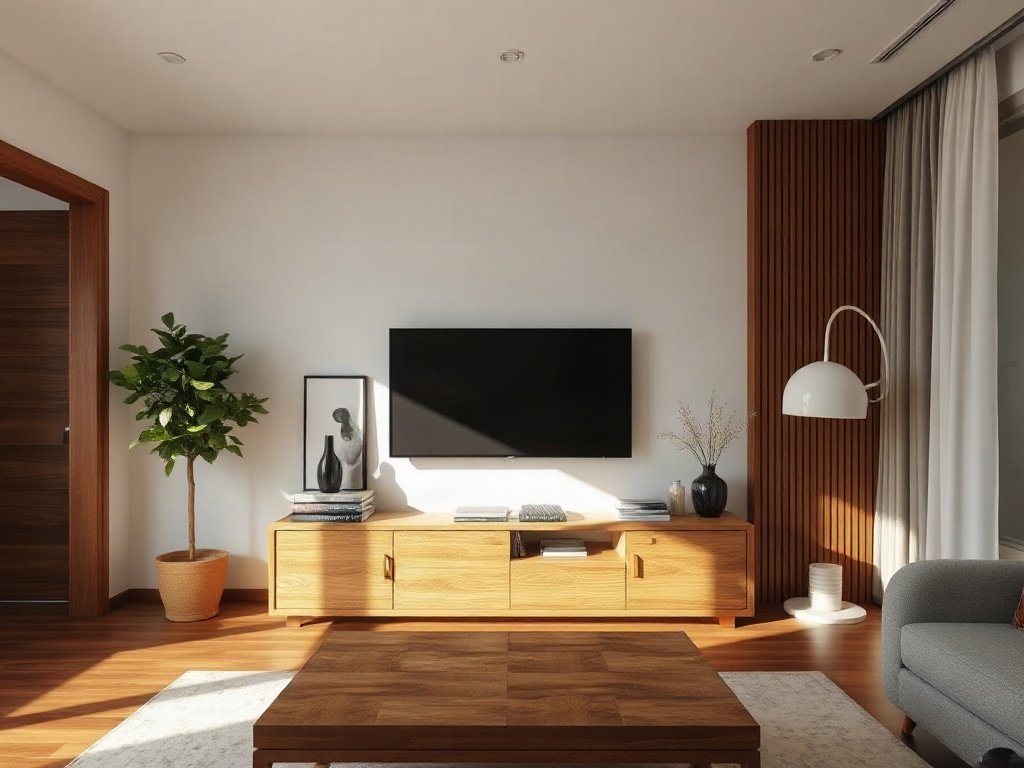 Nội thất VN với kệ tivi gỗ tự nhiên