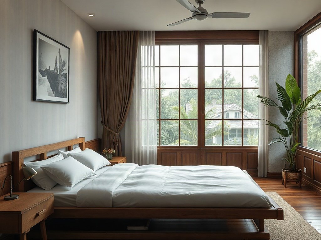 Phòng Việt Nam đương đại với giường gỗ xếp
