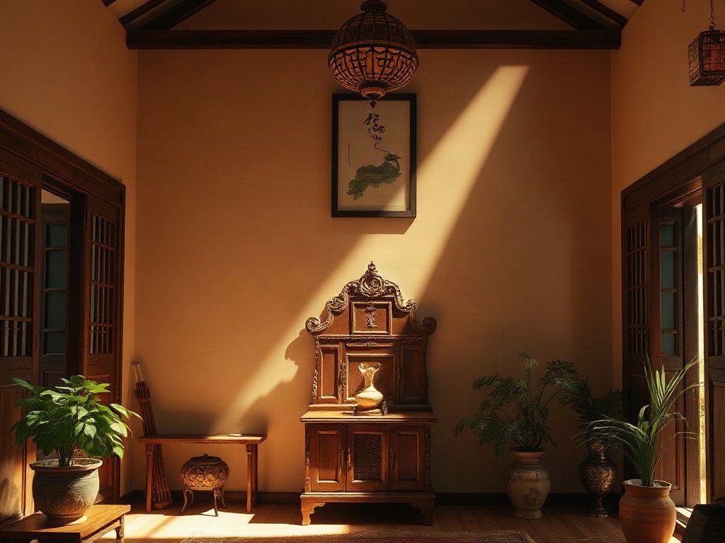 Nội thất nhà Việt Nam ngập tràn ánh mặt trời với tủ thờ gỗ, phong cách chân thực