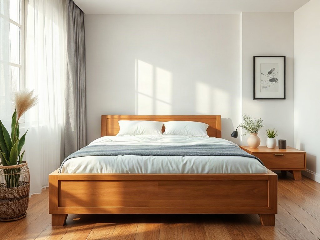 Giường gỗ phong cách trong ngôi nhà tối giản Việt Nam, ánh sáng tự nhiên