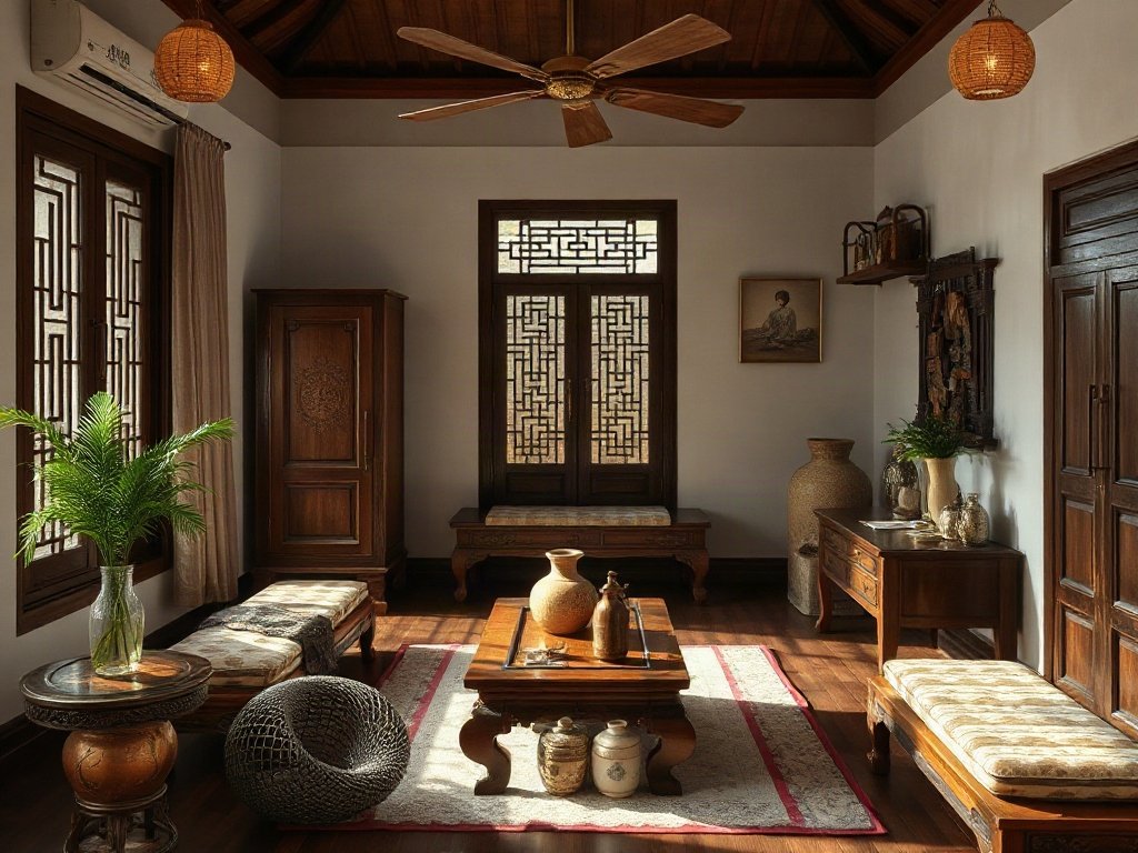 Phòng kiểu truyền thống Việt có nội thất gỗ thủ công