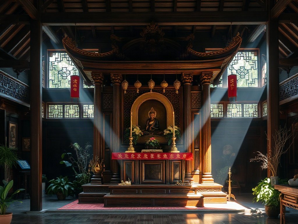 Ánh sáng tự nhiên chiếu vào bàn thờ gỗ truyền thống Việt Nam